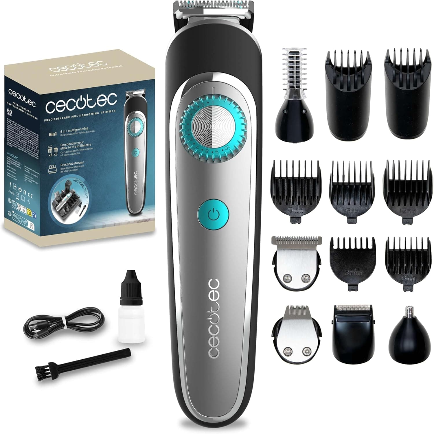Cecotec Precisioncare Multigrooming | Máquina de cortar cabelo 6 em 1 resistente à água com 8 pentes, 6 cabeças e autonomia de 60 minutos