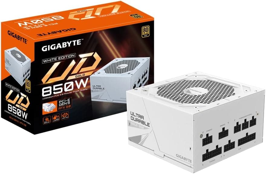 GIGABYTE UD850GM PG5W Fonte de alimentação - PCIe 5.0, 80 Plus Gold, design totalmente modular, ventilador de 120 mm, compatível com ATX 3.0, tomada UE