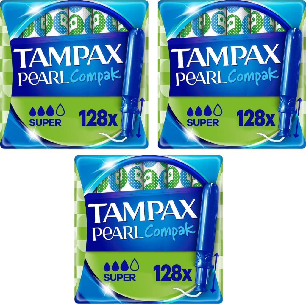 Tampax Pearl Compak Super | Tampões com aplicador suave e proteção antifugas, pack de 128 unidades x 3