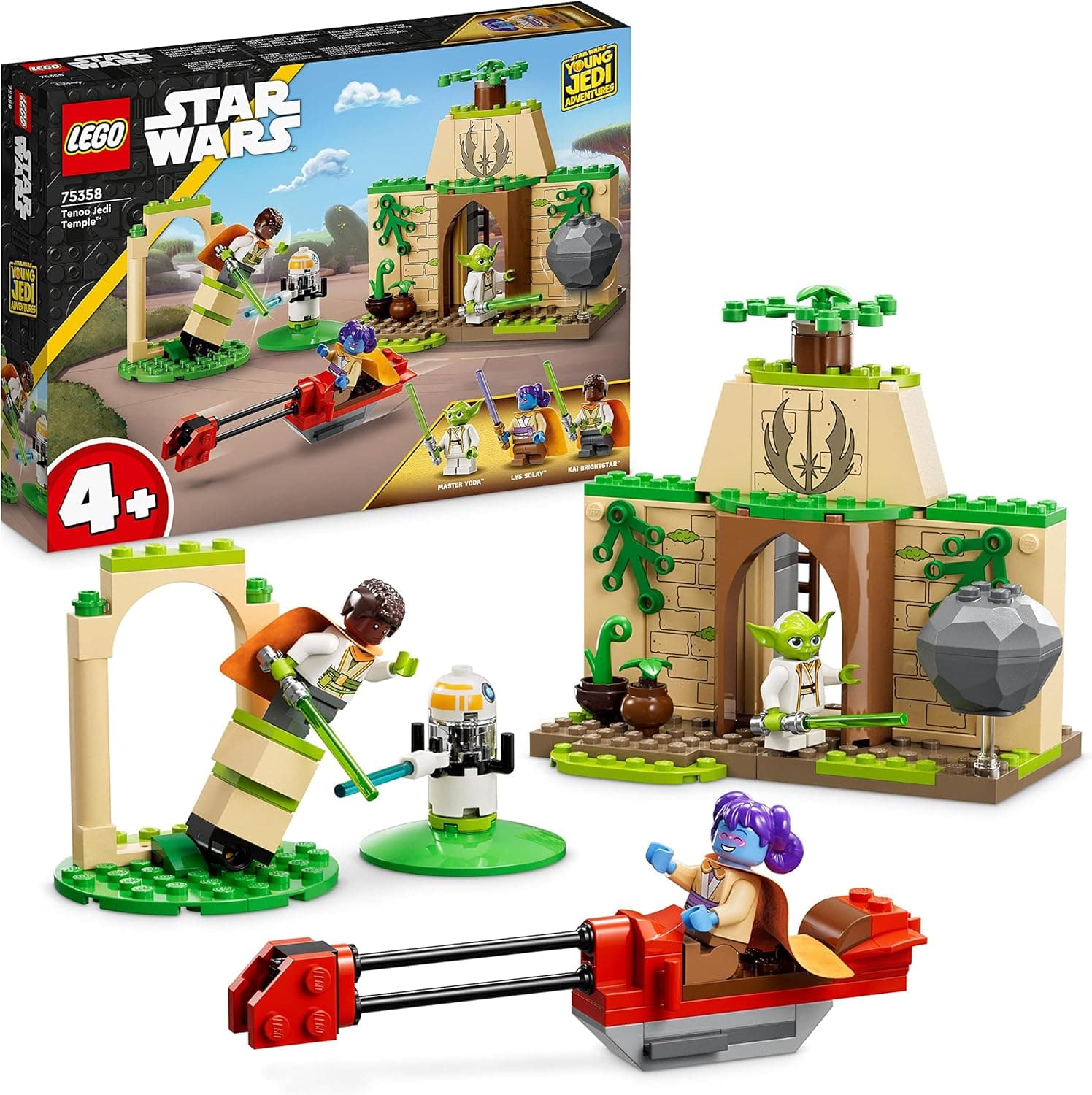 LEGO 75358 Star Wars Templo Tenoo Jedi com o mestre Yoda, brinquedo de construção para meninos e meninas de 4 anos, espadas a laser, figura de dróide e speeder bike