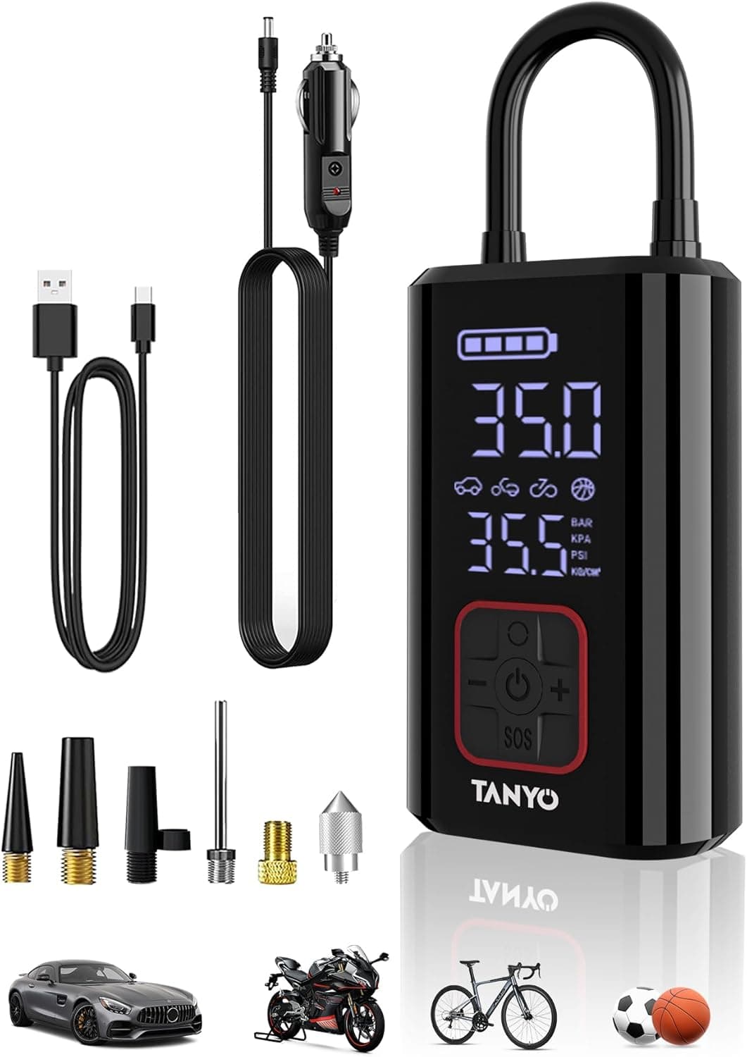 TANYO Inflador de rodas para carro, mini compressor de ar portátil 150 PSI, insuflador elétrico de 12 V com medidor digital e lanterna LED, insuflador rodas carro para carro, motociclos, bicicleta 