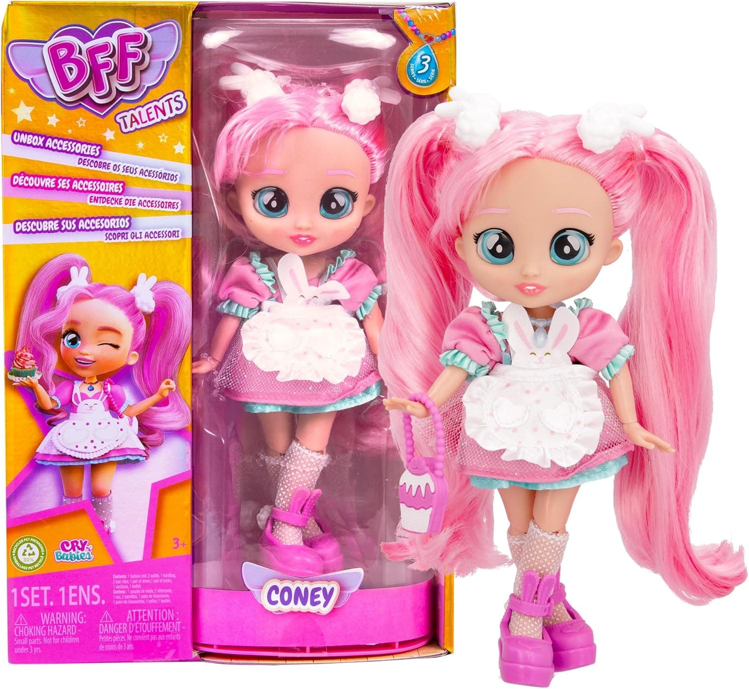 BFF BY BEBÊS chorões Coney - Colecionável boneca de moda com pelo comprido, roupa de tecido e 9 acessórios - presente ideal para crianças e meninas + 5 anos