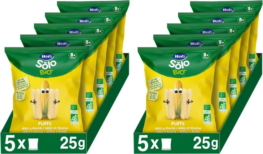 Hero Solo - Puff Snack de milho e aveia, cereais 100% ECO, BIO, com ingredientes de agricultura ecológica e UE, não fritos, sem sal adicionado, 25 g x 10
