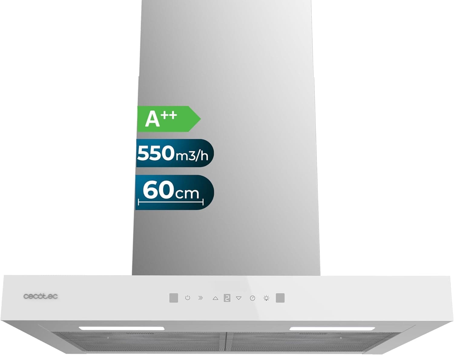 Cecotec Sino extrator 60 cm tipo T bolero Flux TT 605500 Glass White A++. 70 W, Frental vidro branco, baixo consumo, sucção 550 m3/h, controlo tátil, 3 níveis, Booster, luz LED, filtro de carbono