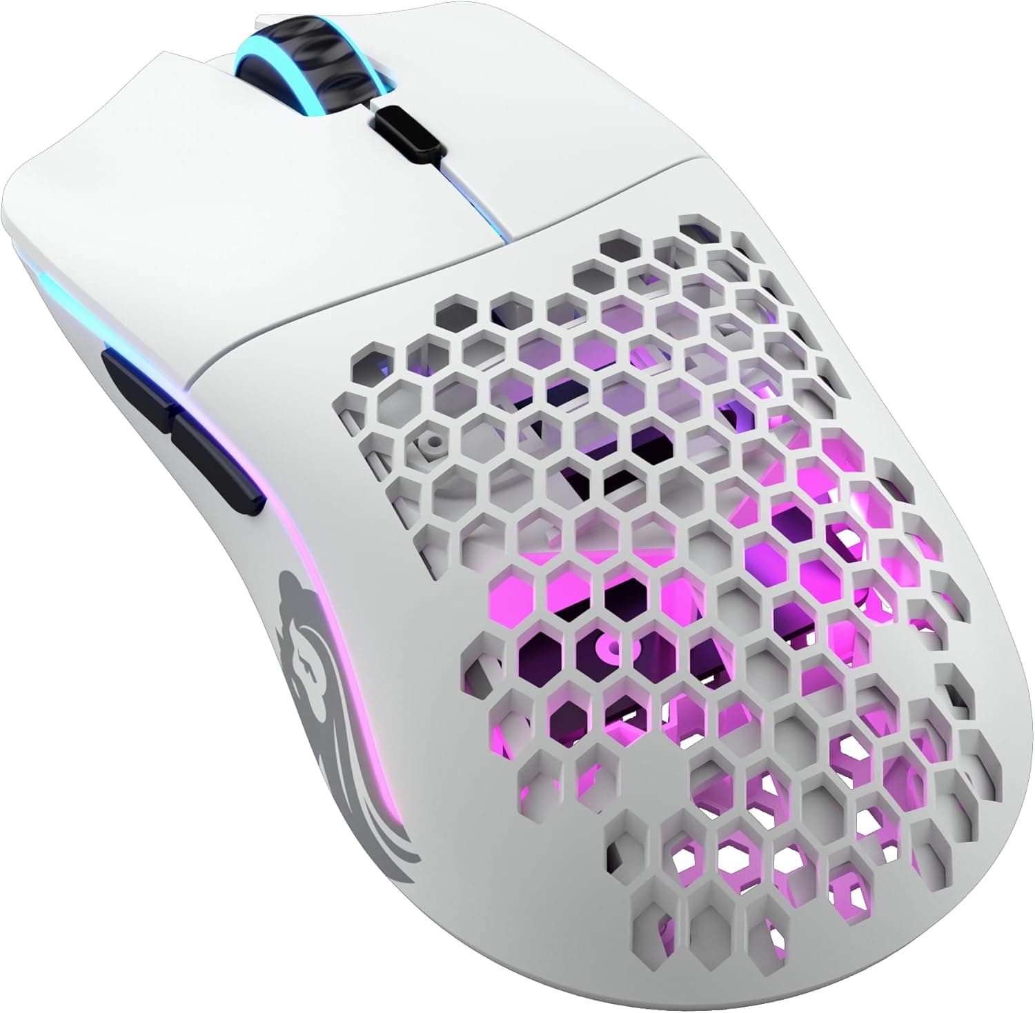 Glorious Gaming Model O- (pequeno) Wireless rato gaming sem fios - 65 g super leve, design colmeia, RGB, ambidextro, sem lag 2,4 GHz sem fio, até 71 horas de bateria - branco mate