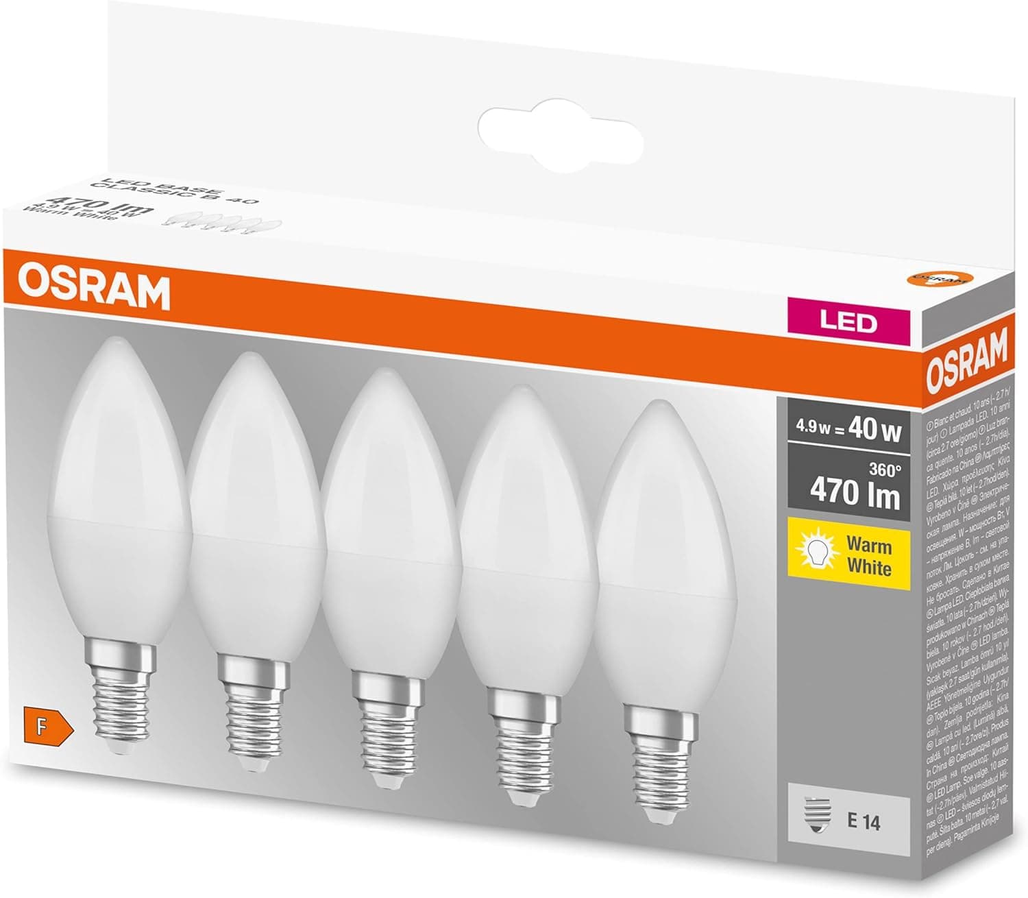 OSRAM LED Classic B40, lâmpadas LED de filamento fosco de vidro para E14, forma de vela, branco quente (2700 K), 806 lúmenes, substitui as lâmpadas convencionais de 40 W, caixa de 5