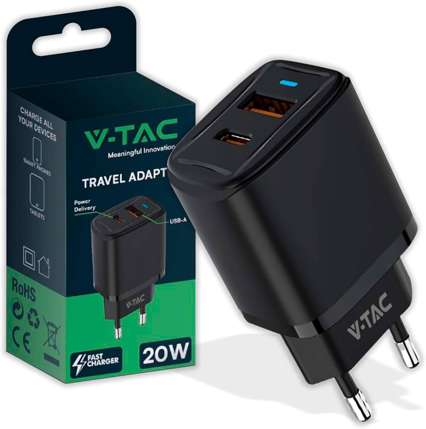 V-TAC Carregador USB-C carregamento rápido 20 W para iPhone e Samsung - Ultra rápido para smartphones e dispositivos - 2 portas USB tipo C e USB A para iPhone 12/13/14/15 Pro/MAX e Galaxy S21/ S22/S23