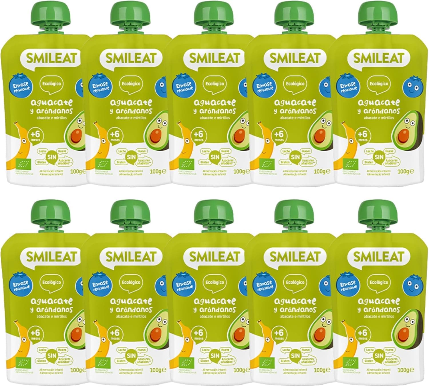 Smileat Pouch de fruta ecológica para crianças, com puré de abacate e mirtios, sem leite, sem açúcares e sem glúten, para bebés a partir dos 6 meses, embalagem de 10 x 100 g, 1000 g