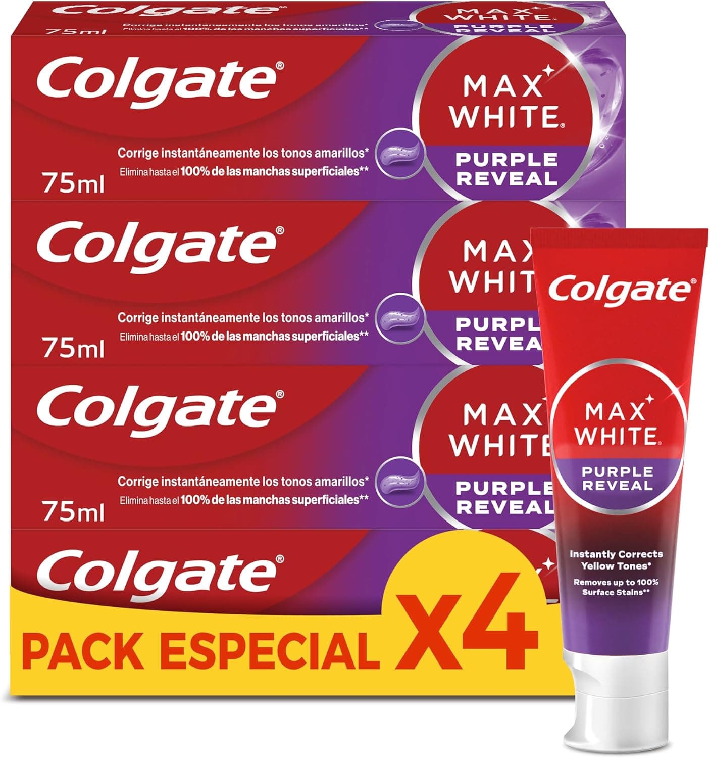 Colgate Max White Purple Reveal pasta de dentes branqueadora, 4 unidades x 75 ml, dentífrico com tecnologia de correção ótica da cor
