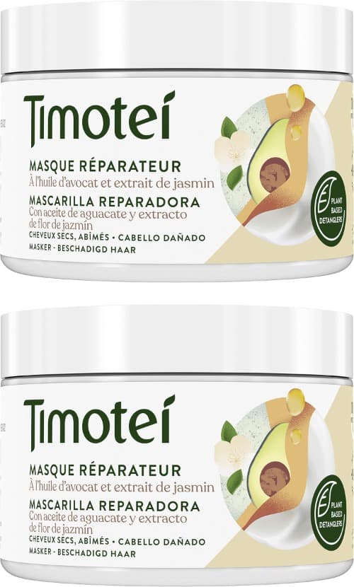 Timotei Máscara reparadora para cabelos danificados com óleo de abacate e extrato de flor de Jasmim; com desembaraçantes de origem vegetal, 98% ingredientes de origem natural e sem silicone, 300 ml x 2