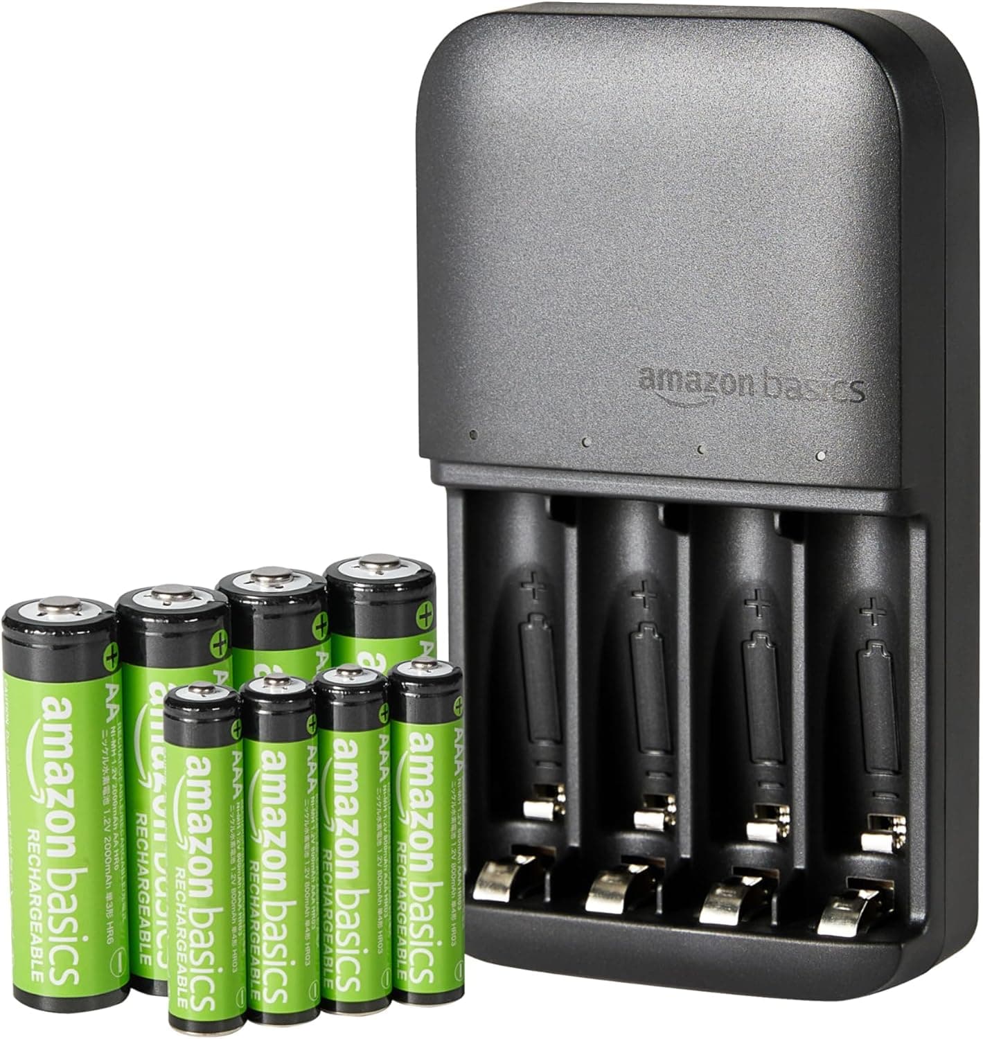 Amazon Basics pilhas recarregáveis NiMH, com carregador de pilhas de 4 ranhuras, tomada da UE, embalagem de 8 (4 AAA 800 mAh + 4 AA 2000 mAh), preto