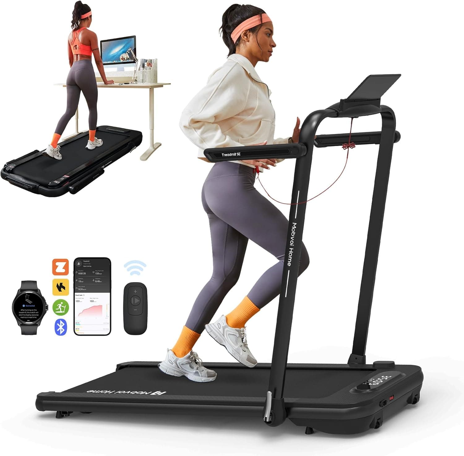 Mobvoi Home Treadmill SE Esteira Dobrável 3 em 1 2.5 HP Compacta Portátil Sob a Mesa Correndo Máquina de Caminhada com Controle Remoto Display LED para Casa e Escritório 120KG 12 KM / H