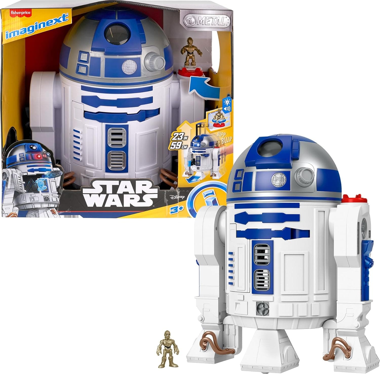 Fisher-Price Imaginext Star Wars R2D2, figura grande do Android com luzes e som, com lançador de projéteis e figura de C3PO, presente de brinquedo para meninos e meninas +3 anos, HXG52