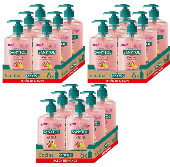 Sanytol Sabão de mãos de cozinha antibacteriano com toranja e limão verde, limpa, neutro e elimina maus odores das mãos, fórmula testada dermatológica e clinicamente, 18 x 250 ml