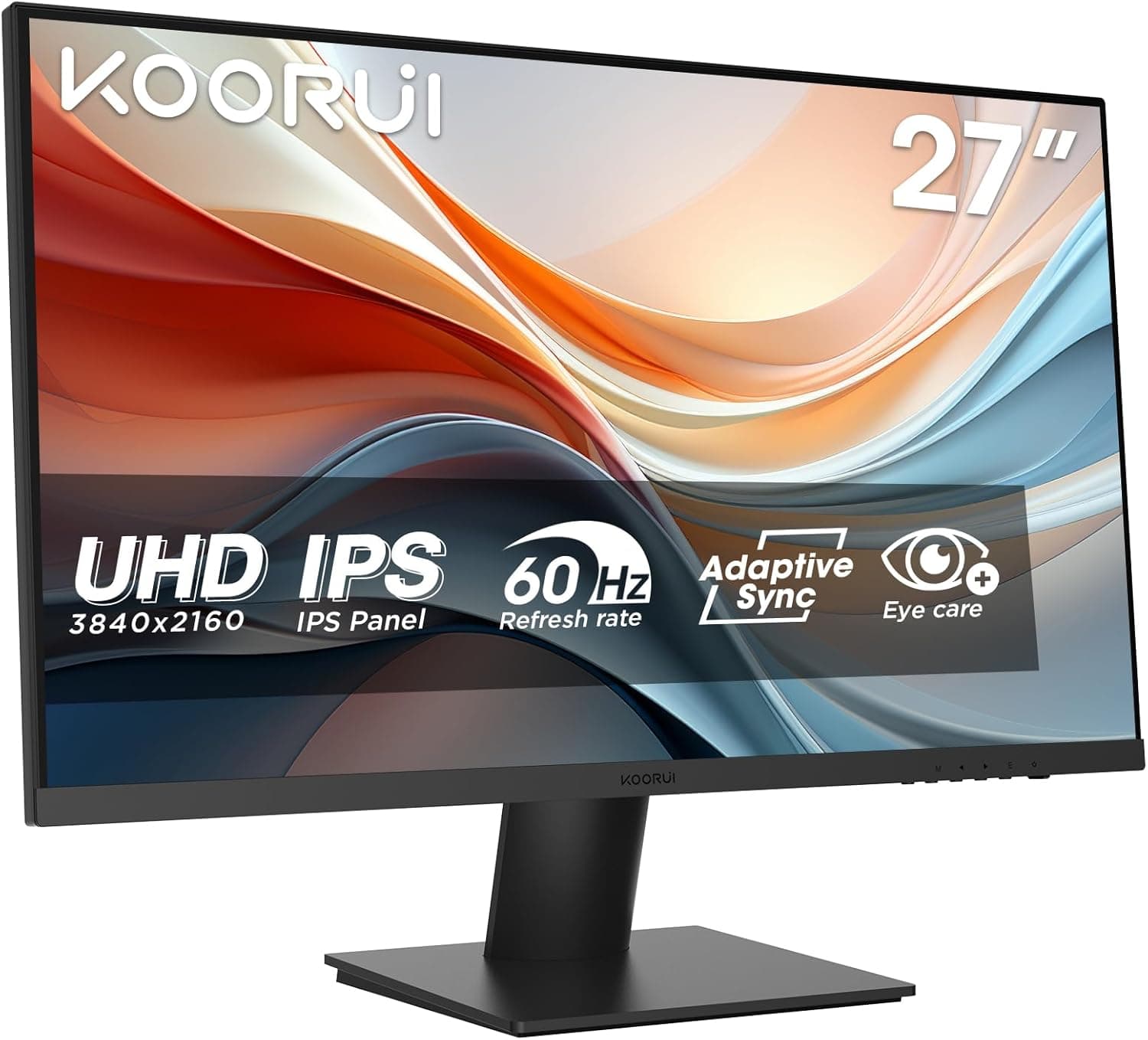 KOORUI N07 Monitor de 27 polegadas 60Hz, IPS Monitors PC, UHD 3840 x 2160, HDR10, Adaptive Sync, 2X HDMI 2.0, DP 1,4,90% DCI-P3, cuidado dos olhos, - 5° a 20° inclinável, VESA 100. x 100 mm
