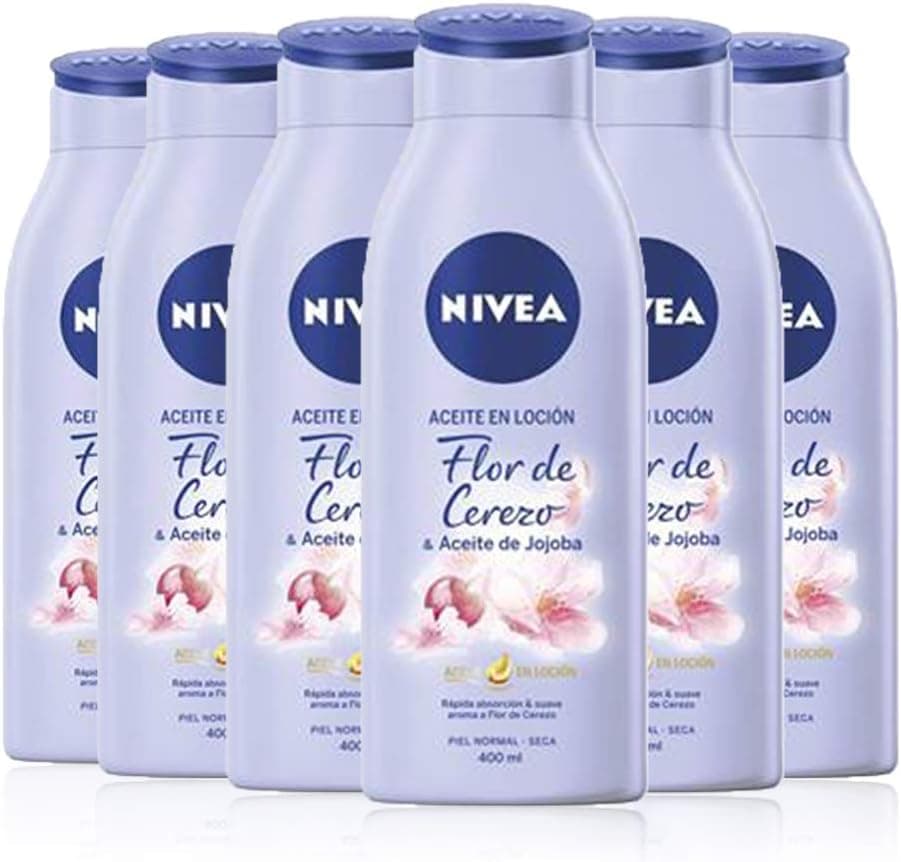 NIVEA Óleo em loção flor de cerejeira e óleo de jojoba em embalagem de 6 (6 x 400 ml), loção corporal de rápida absorção, loção para os cuidados da pele seca e normal