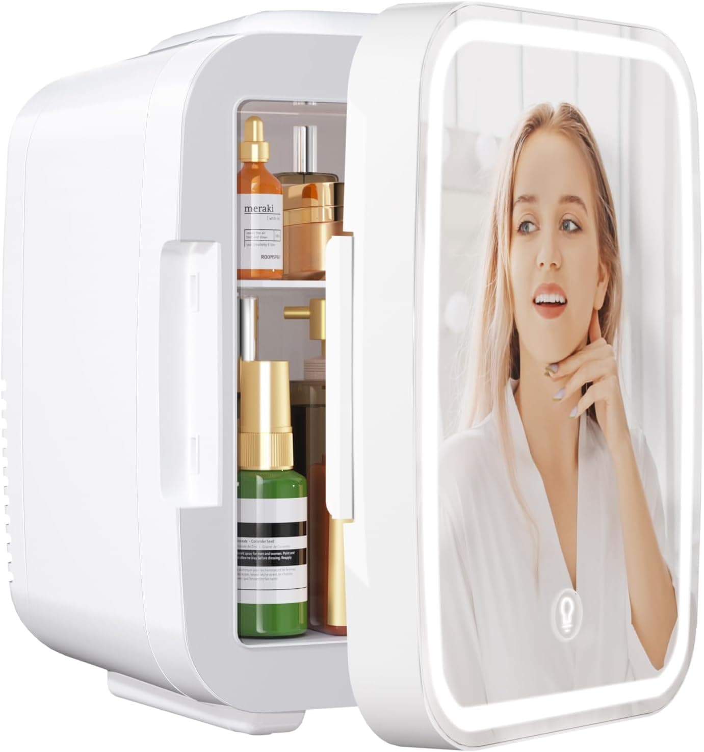 YASHE Mini frigorífico para quarto, Skincare frigorífico com espelho LED, pequeno frigorífico de 4 L portátil, aquecedor e refrigerador térmico 220 V AC / 12 V DC para carro, escritório