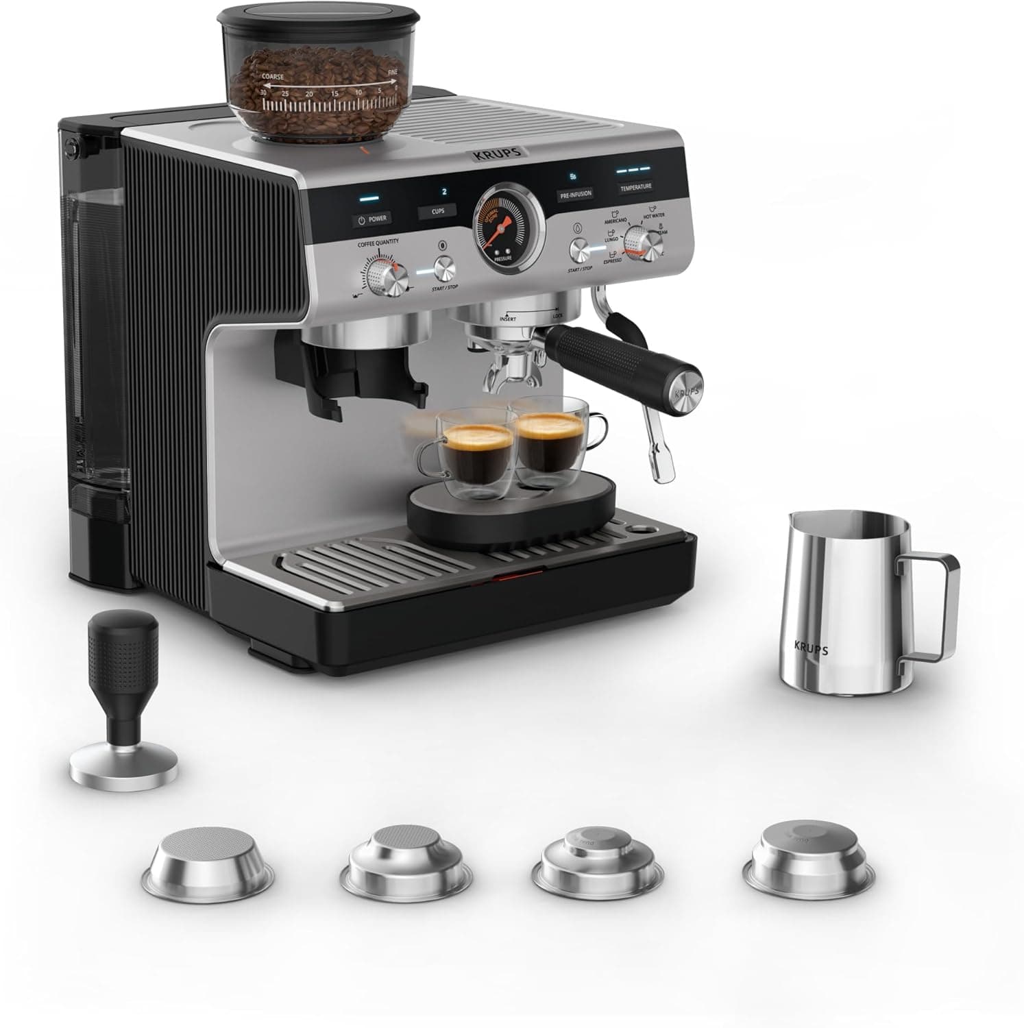 Krups Precision Cafeteira profissional para expresso e capuz, com moinho integrado e 30 configurações de moagem, cafeteira com configurações de pré-infusão e controlo de temperatura