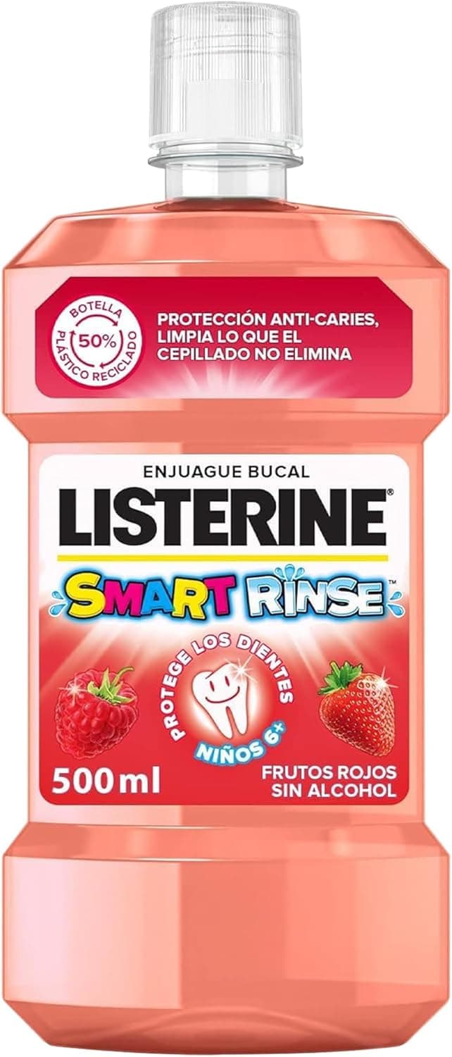 Listerine Smart Rinse, lavagem bucal para crianças com 6 sabor a frutos vermelhos, colutório sem álcool para limpeza bucal completa, elixir bucal anticárie, 500 ml 