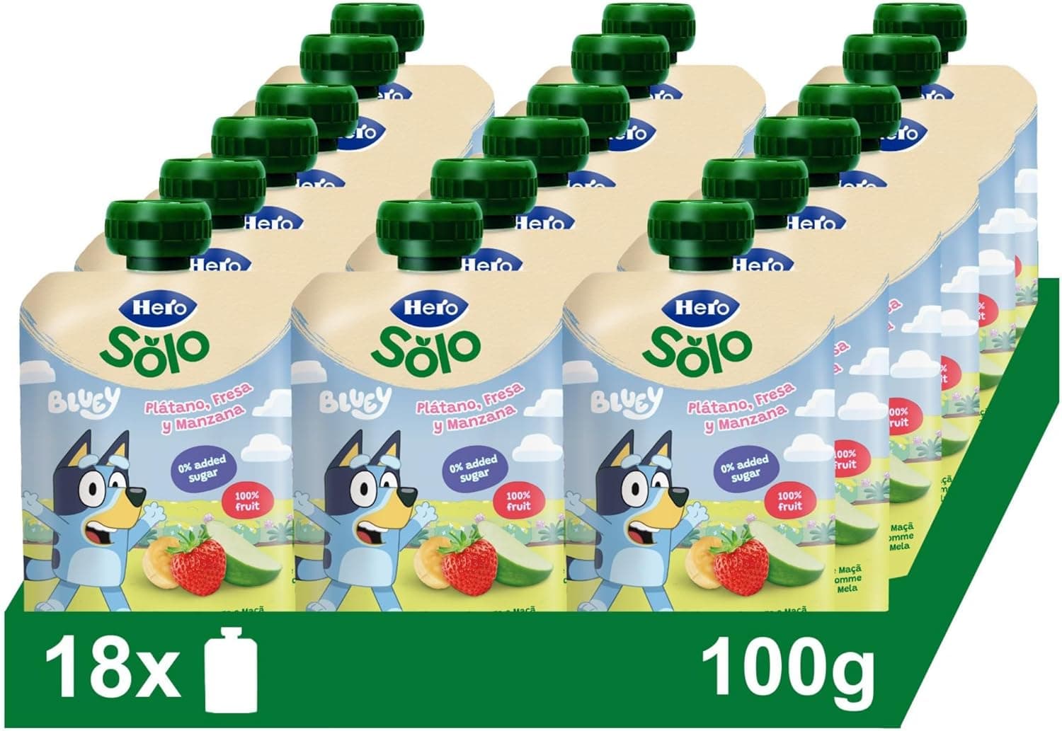 Hero - Sacos com banana, morango e maçã, sem conservantes nem corantes, óleo de palma, glúten, nem açúcares adicionados, para bebés a partir dos 12 meses, pack de 18 x 100 g