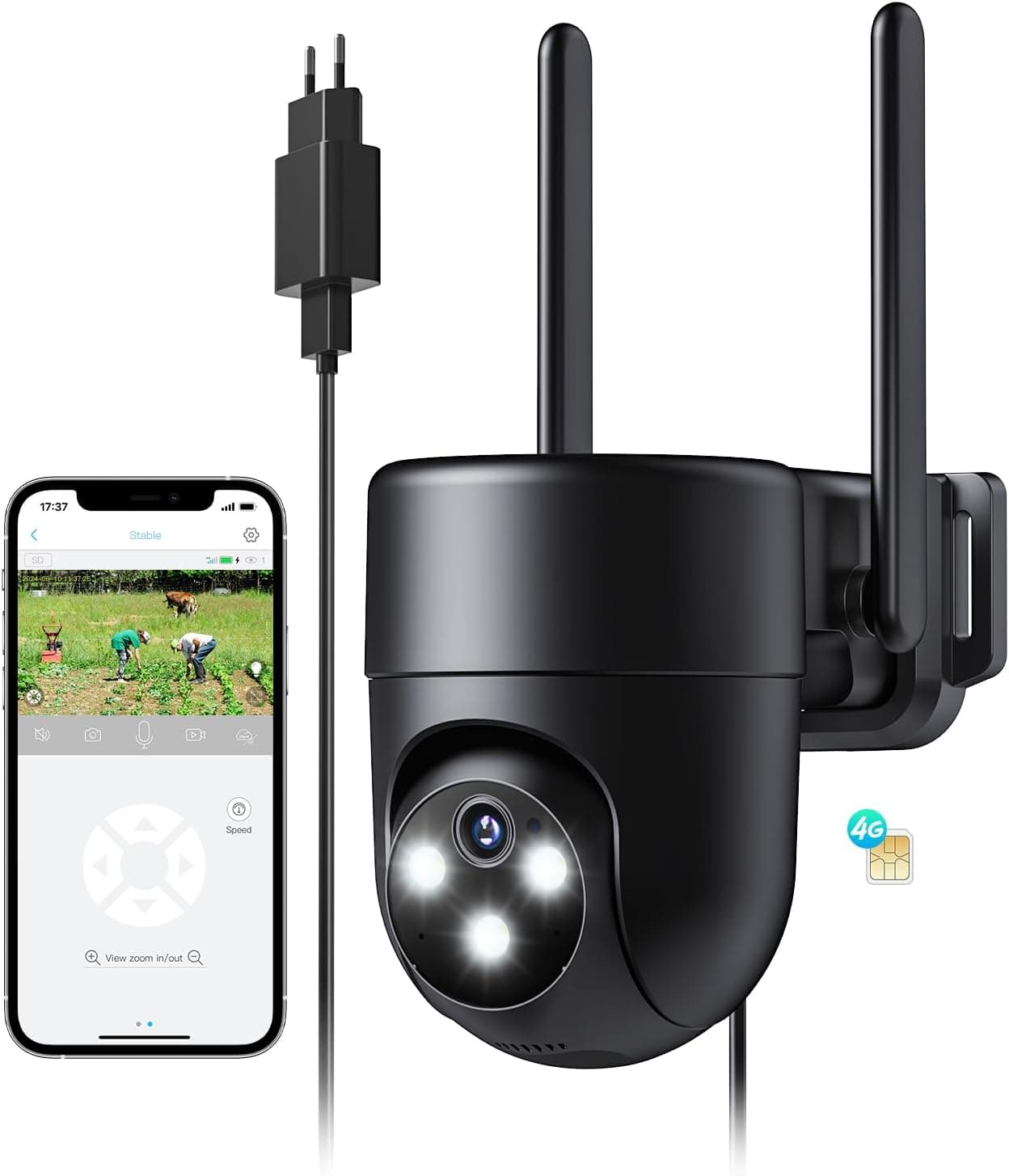 NUASI 4G LTE Câmara de vigilância exterior com cartão SIM, 24/7 câmara com SIM e visão noturna em cor 2K, detecção humana com IA, PTZ 360°, áudio bidirecional