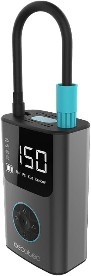 Cecotec Compressor de ar elétrico portátil Air Max, insuflador e insuflador de 150 PSI, bateria dupla 7,4 V e 2000 mAh, luz LED, ecrã LCD, adequado para carro, motociclo, bicicleta, skate e bolas