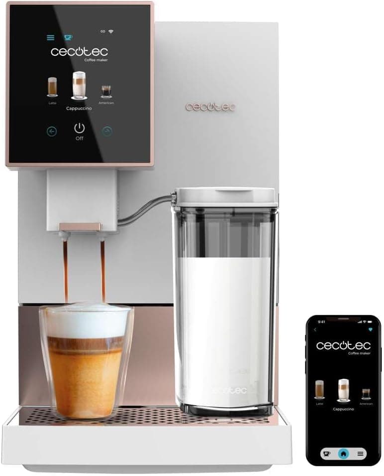 Cecotec Cafeteira super automática Cremmaet Compactccino Connected White Rose. 19 bares, ecrã TFT e Wifi, sistema Thermoblock, tanque de leite, depósito de 150 g de café, 5 níveis de moagem