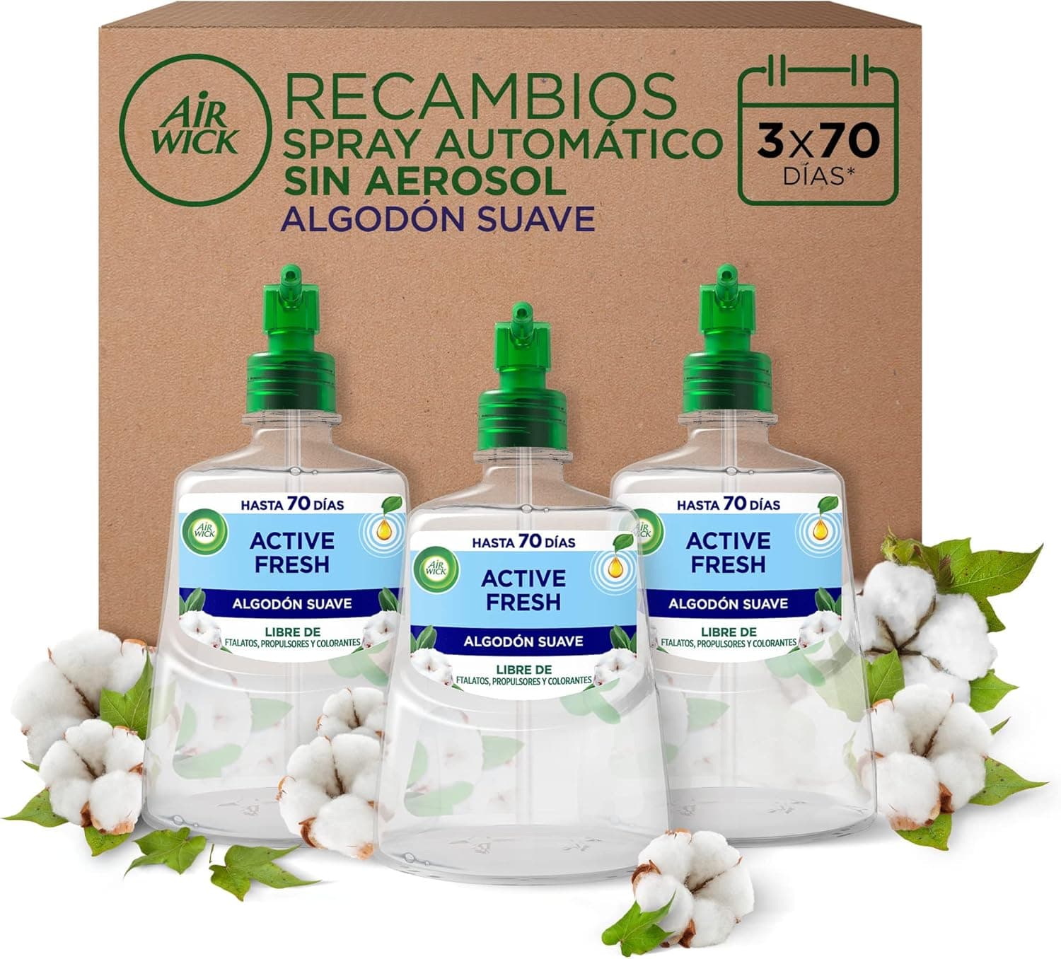 Air Wick Active Fresh | Ambientador automático aroma a algodão pack de 3 recargas de 228 ml