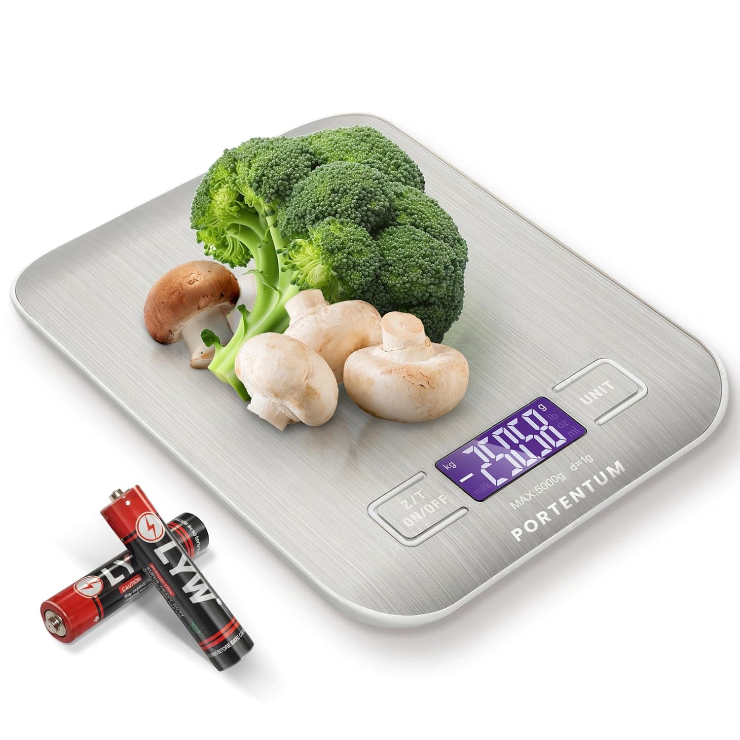 PORTENTUM - Peso da cozinha com ecrã LCD, aço inoxidável, balança de cozinha precisa de 1 grama a 5 kg/11 kg
