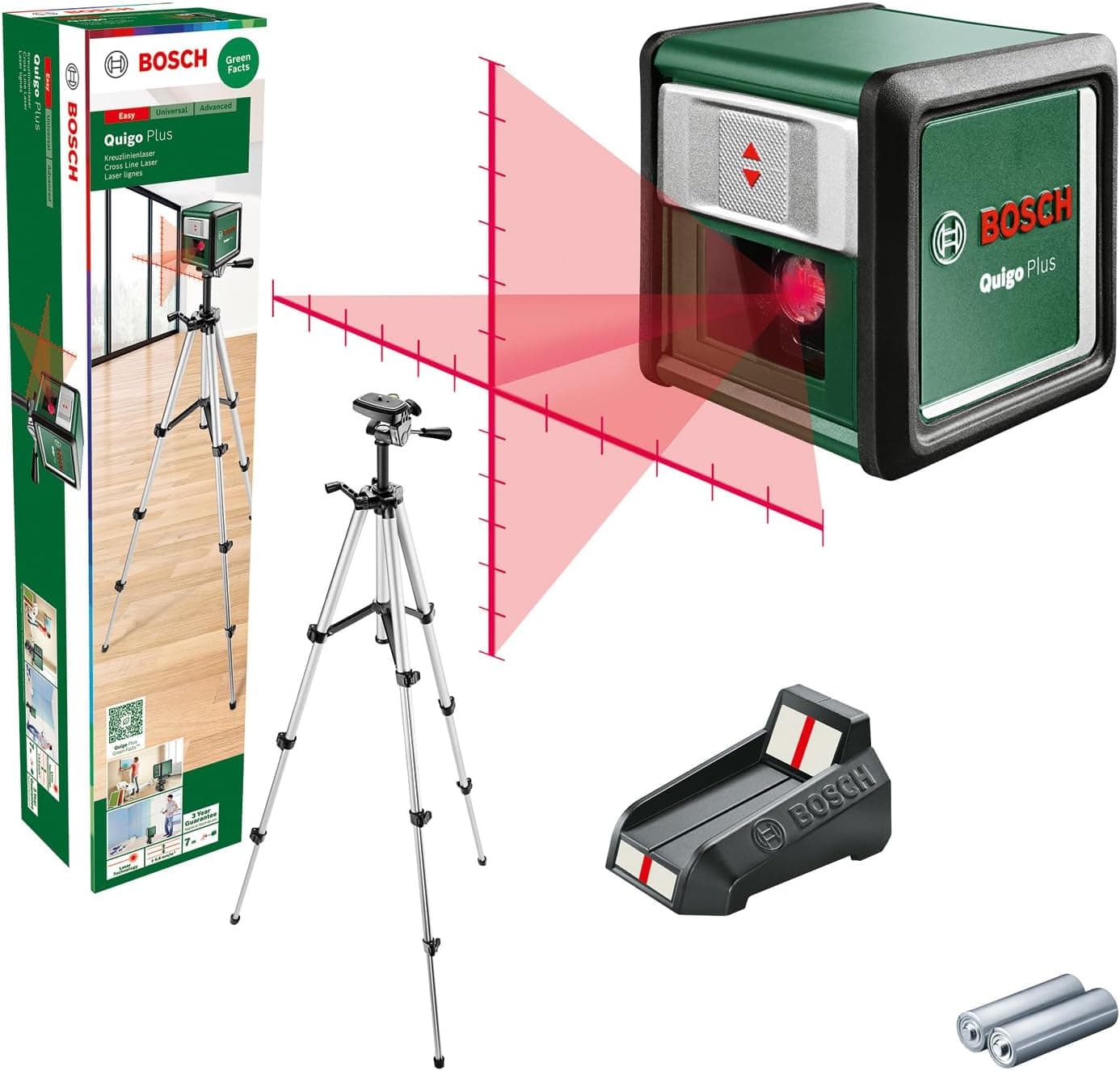 Bosch Laser de linhas cruzadas Quigo Plus com tripé (alinhamento fácil a distâncias iguais e variáveis, graças às marcas na linha a laser, em caixa de cartão)