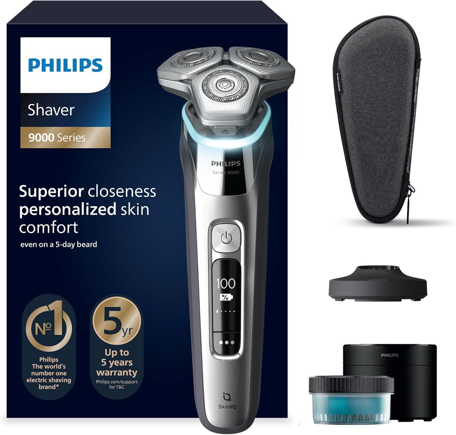 Philips Shaver S9000, máquina de barbear elétrica Wet & Dry, tecnologia de elevação e curta com SkinIQ, corta-minas dobrável, Cleaning Pod, suporte de carga, estojo de viagem