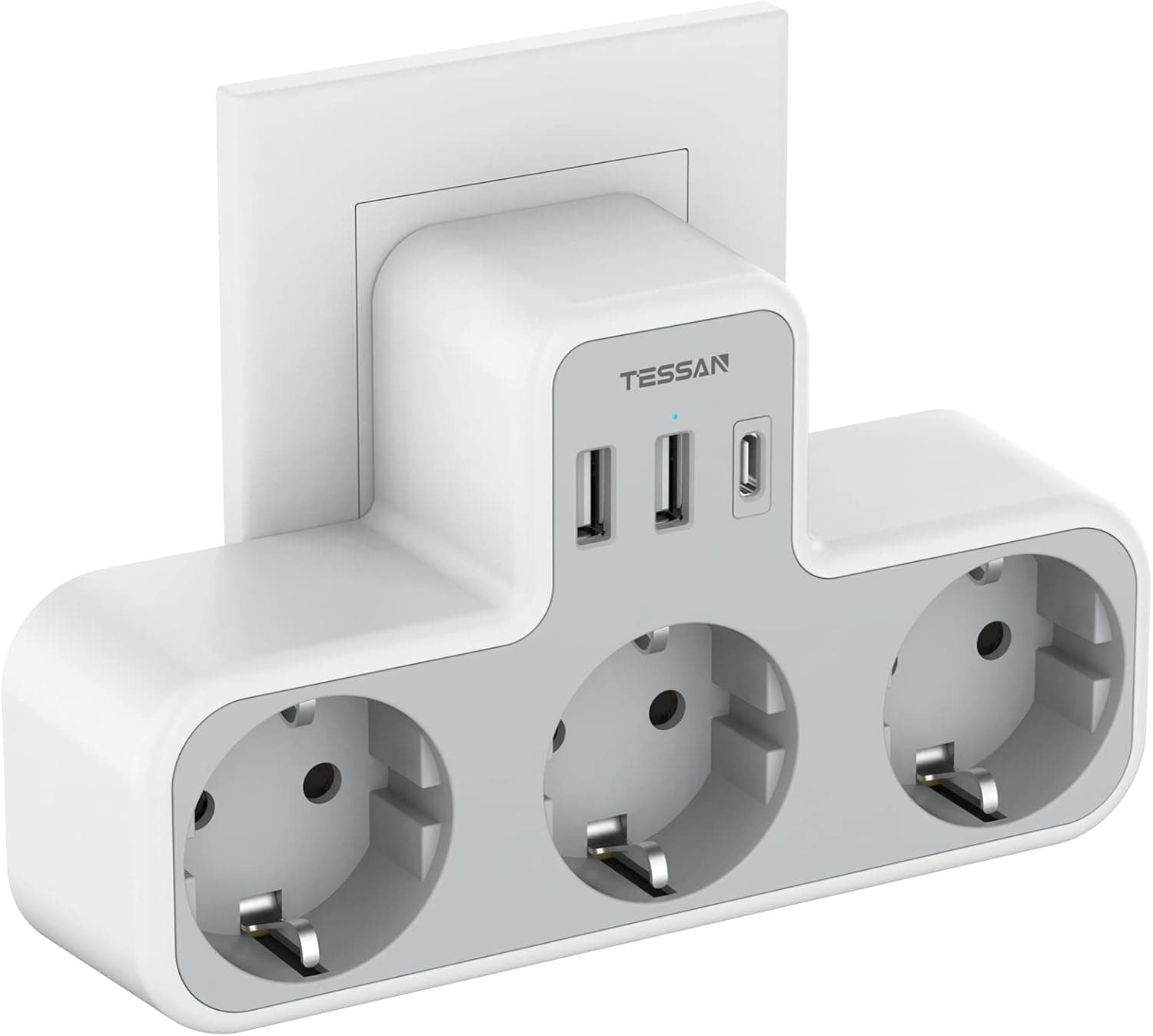 TESSAN Thief Flat Sockets | Extensão tripla de parede com 2 USB-A e 1 USB-C até 3600 W branco e cinzento