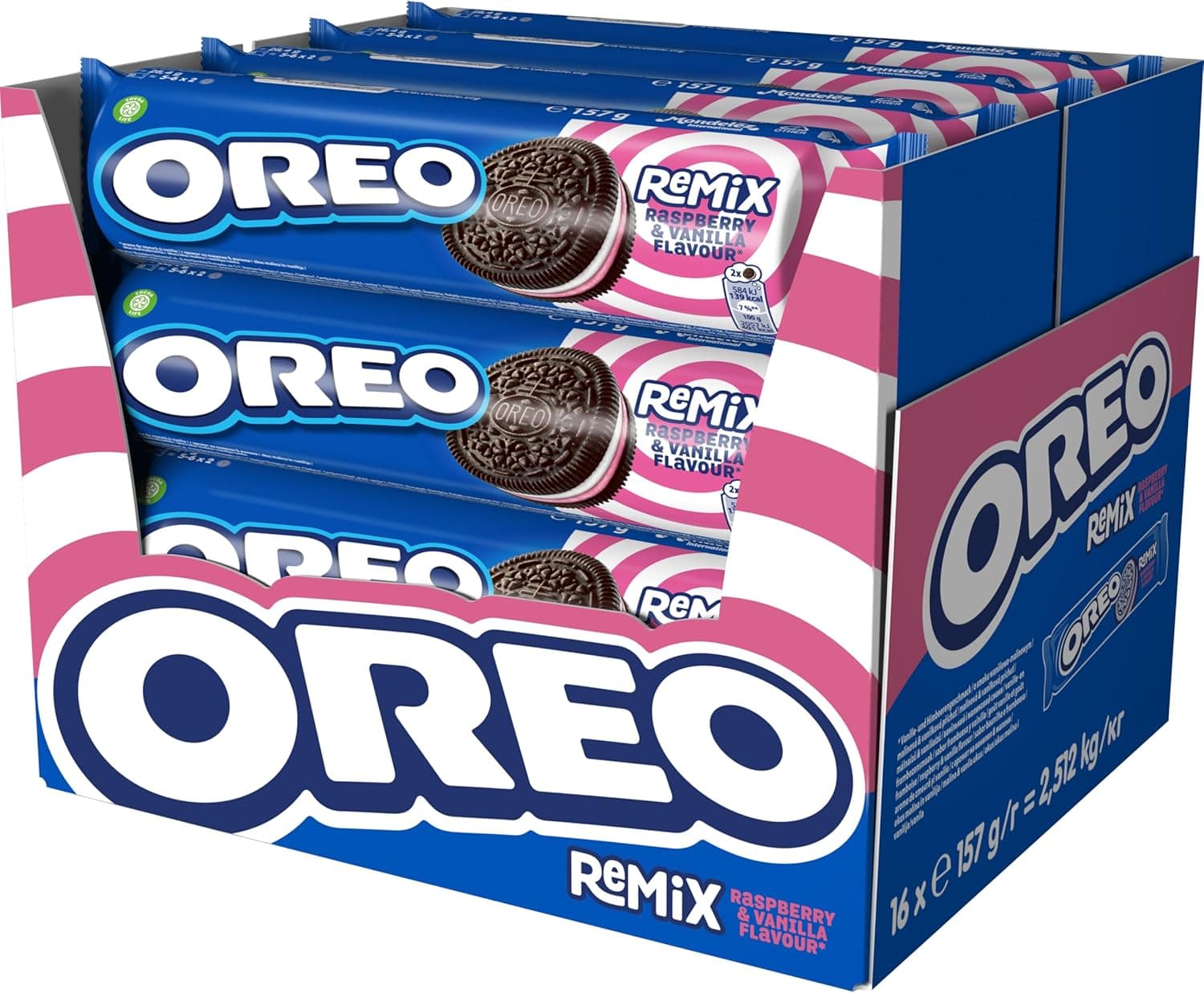 Oreo Remix Bolachas de cacau recheadas com creme sabor framboesas e baunilha 157 g, pack de 16