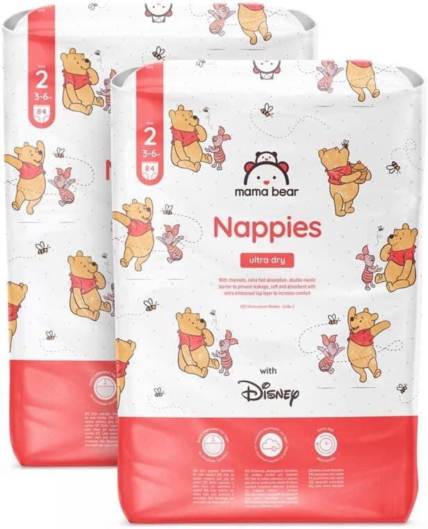 Mama Bear Disney | Fraldas descartáveis ultrassecas tamanho 2 para bebés 3-6 kg, 168 unidades