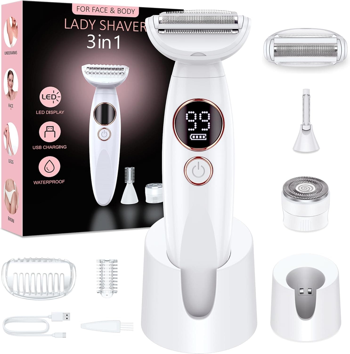 Aparador elétrico feminino 3 em 1 íntimo para mulheres, uso úmido e seco IPX7, para área do biquíni, axilas, pernas, carregamento USB
