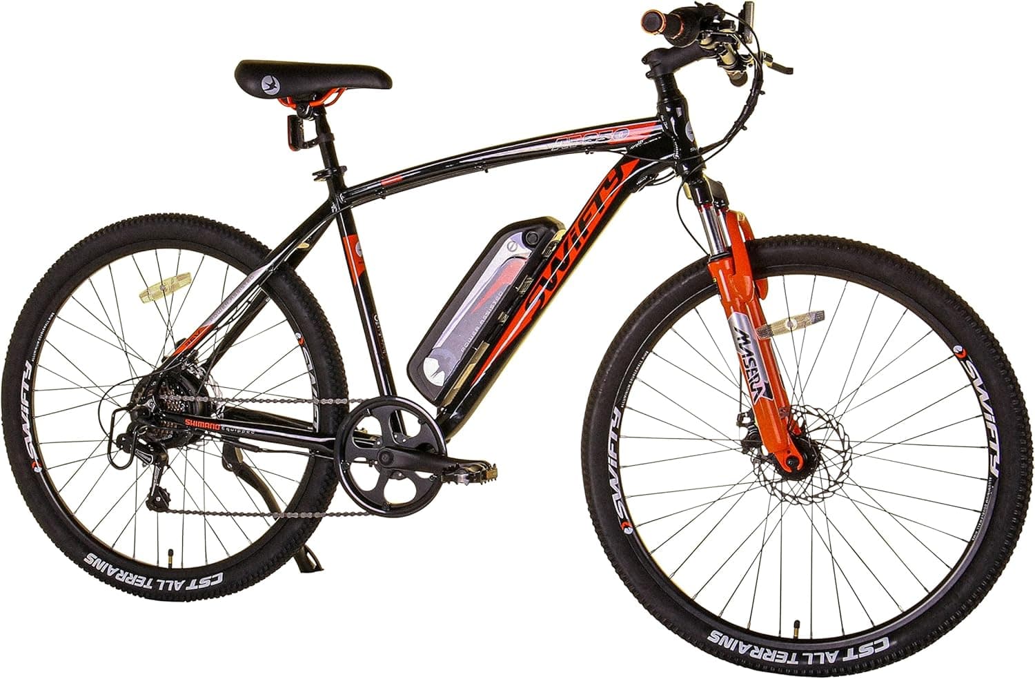 Swifty Mountain Ebike Bicicleta Elétrica Todo-o-Terreno - Bicicleta Ideal para Deslocações com Mudanças Shimano de 7 Velocidades e Travões de Disco - Até 25 Milhas com uma Carga - Para Adultos Preto/Laranja