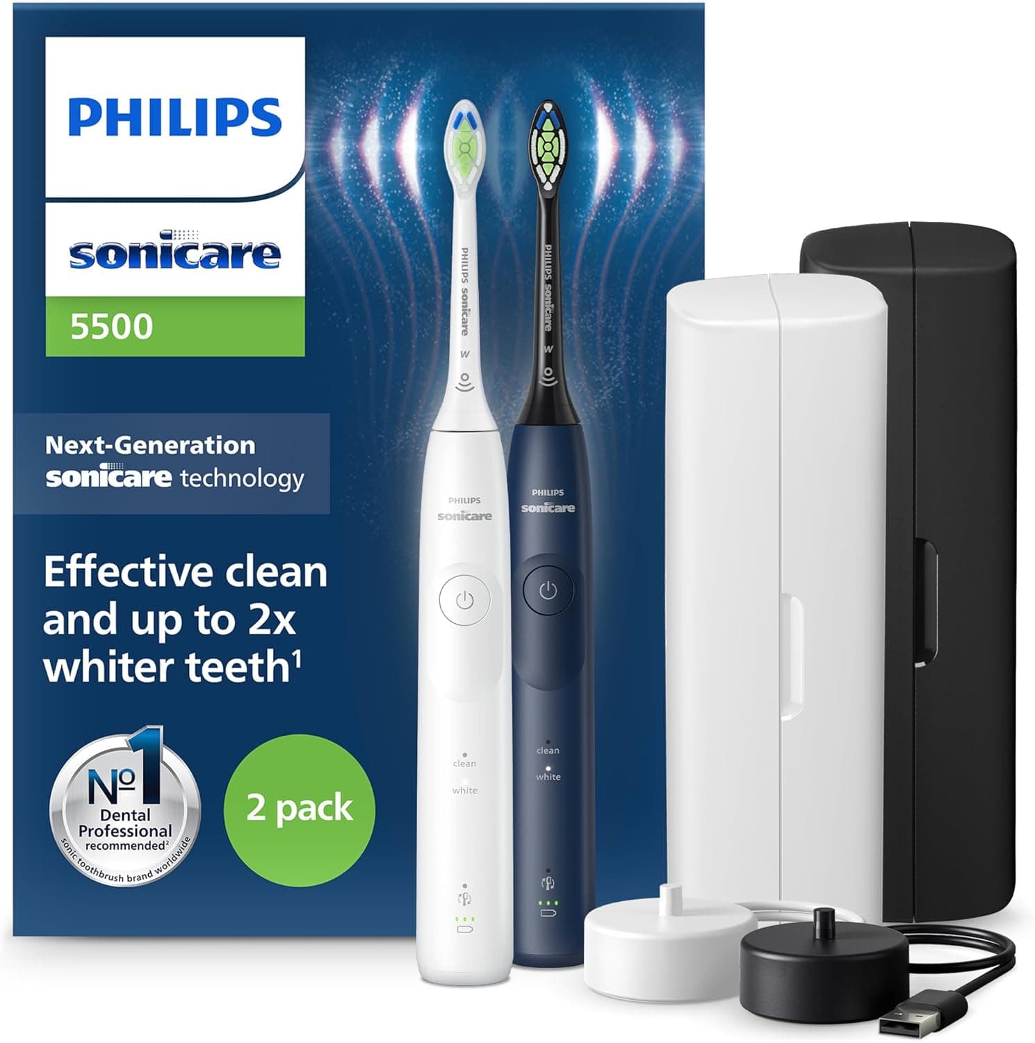 Philips Sonicare 5500 Escova de dentes elétrica, escova de dentes sónica com 2 modos, alerta de pressão, EasyStart, SmarTimer e BrushPacer, branco e azul-marinho, embalagem de 2, modelo HX7119/01