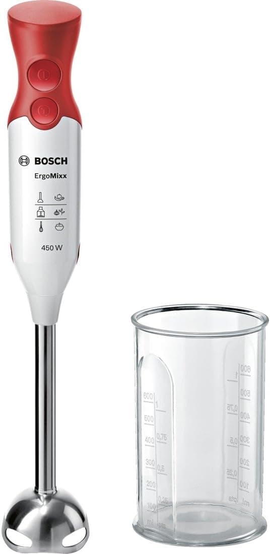Bosch ErgoMixx MSM64110 Liquidificadora de mão, 450 W, velocidade turbo, cúpula com quatro lâminas, com copo de misturas, vermelho e cinzento