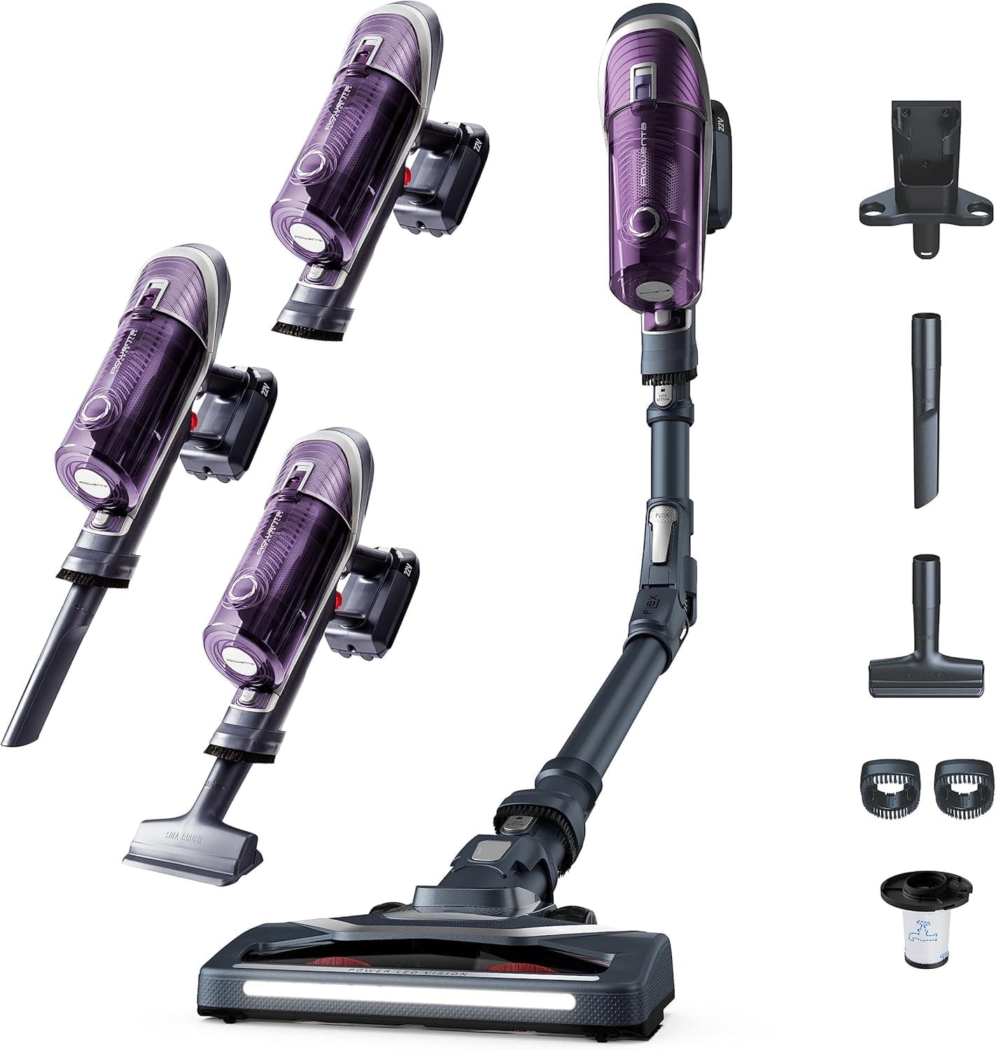 Rowenta XForce Flex 8.60 Allergy Care RH9638 Aspirador de escova sem cabo com grande potência, bateria removível de 22 V até 35 minutos de autonomia, tubo flexível e sistema LED na cabeça