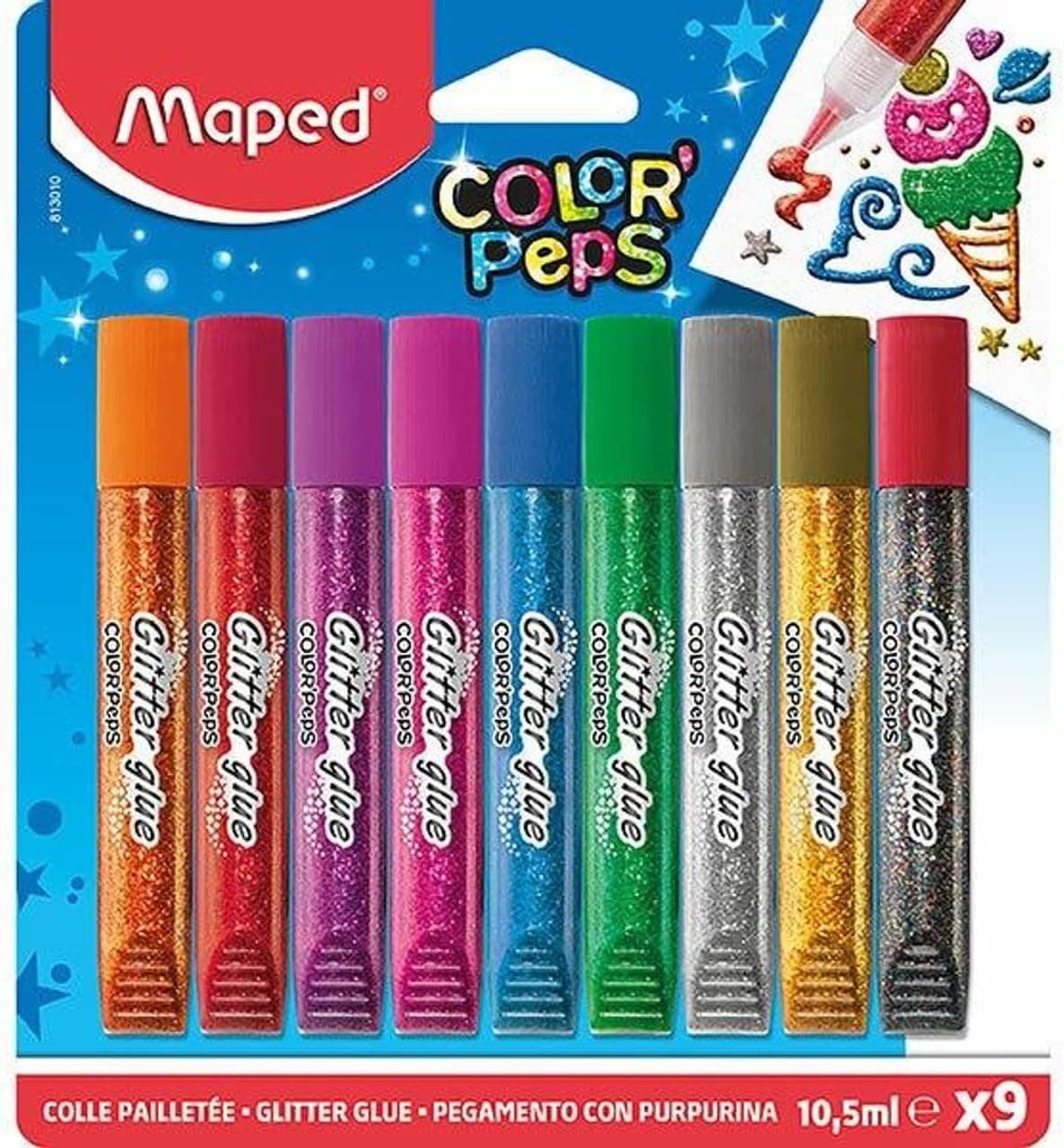 Maped Purpurina para artesanato infantil, conjunto de 9 tubos de cola com alta densidade de purpurina, precisão e fluidez para decorar, tubos de 10,5 ml