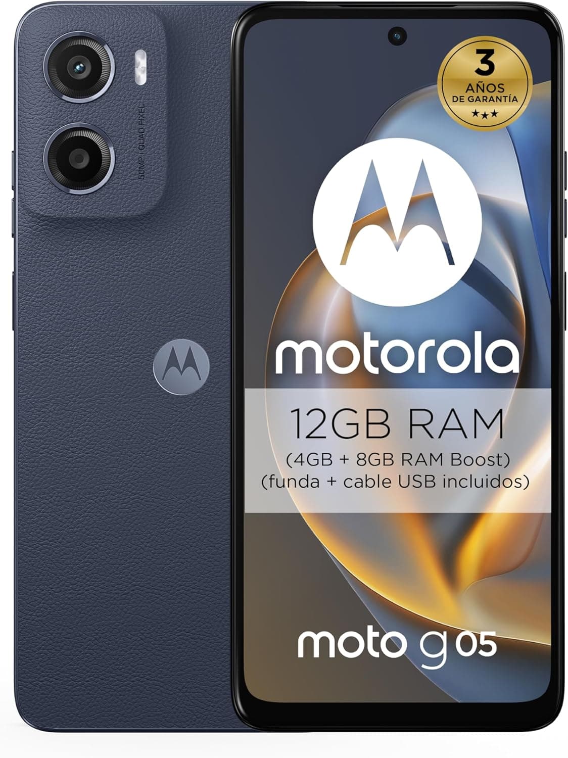 Motorola Moto g05 8 GB/256 GB azul, Espanha, ecrã brilhante de 6,67", sistema de câmaras de 50 MP, modo retrato com IA, couro vegano, Corning Gorilla Glass 3, bateria 5200 mAh