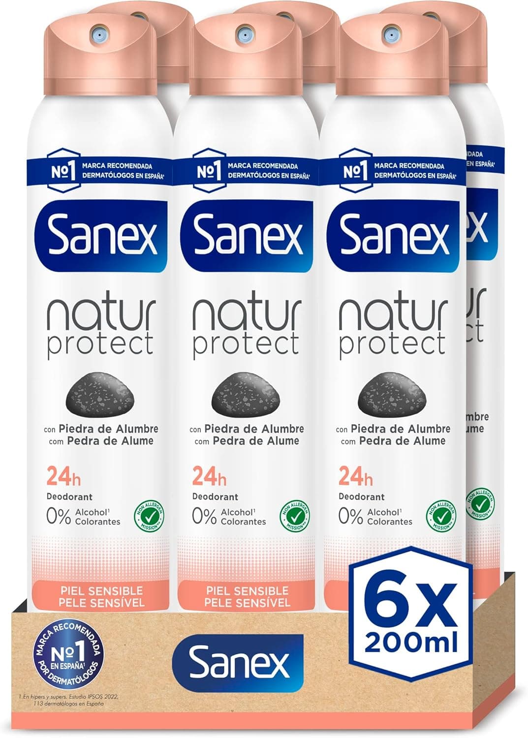 Sanex Natur Protect Desodorante em spray, conjunto de 6 unidades x 200 ml, proteção contra o mau odor 24H com pedra de lumbre, 0 % álcool, sem alérgenos nem corantes, pele sensível