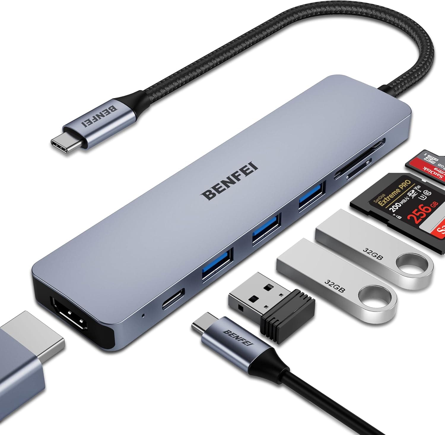 BENFEI HUB USB C 7 em 1, adaptador hub USB-C multiporta USB-C para HDMI, USB-C para leitor de cartões SD/TF/3  USB 3.0/100 W Power Delivery, compatível para iPhone 15 Pro MAX, MacBook Pro/Air