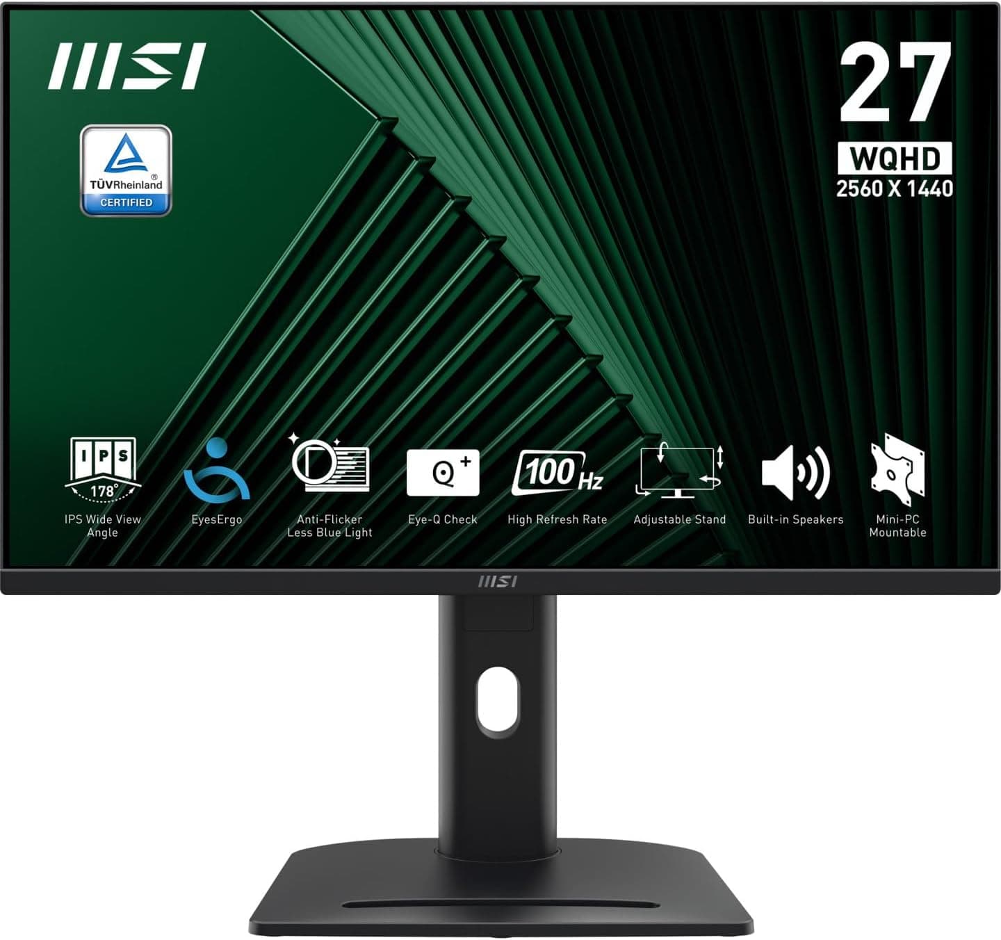 MSI Pro MP275QPG Monitor profissional WQHD de 27", painel IPS de 2560 x 1440, 100 Hz, montagem VESA, adaptative Sync, ajustável em 4 direções, HDMI 2.0b, preto
