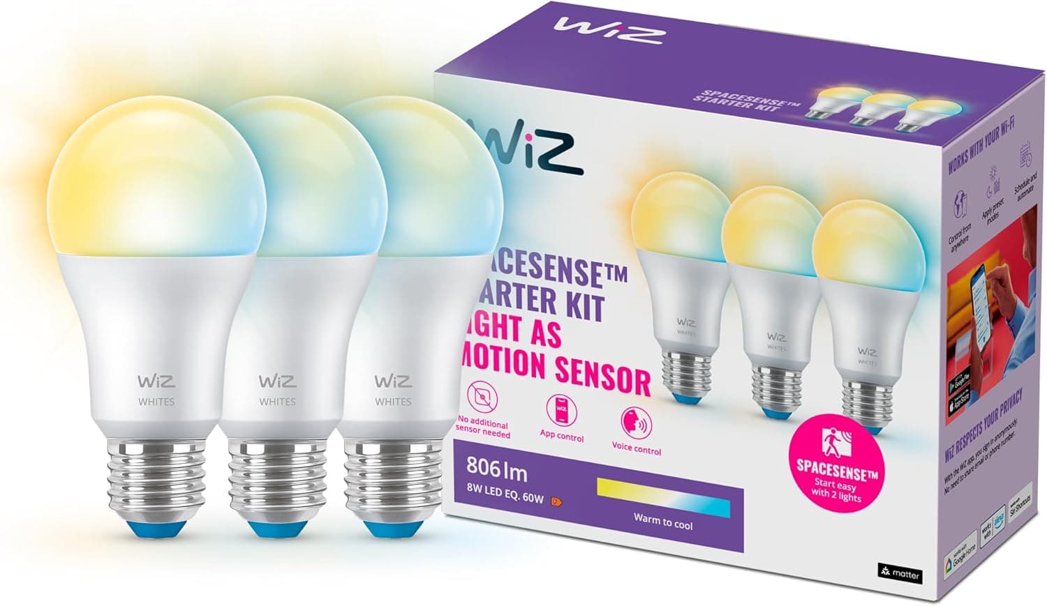 WiZ - Lâmpada LED inteligente, casquilho E27 8W (Eq.60) 806 lúmen, luz branca quente a fria regulável, compatível com Alexa, Google Home, tecnologia SpaceSense e Matter - conjunto de 3