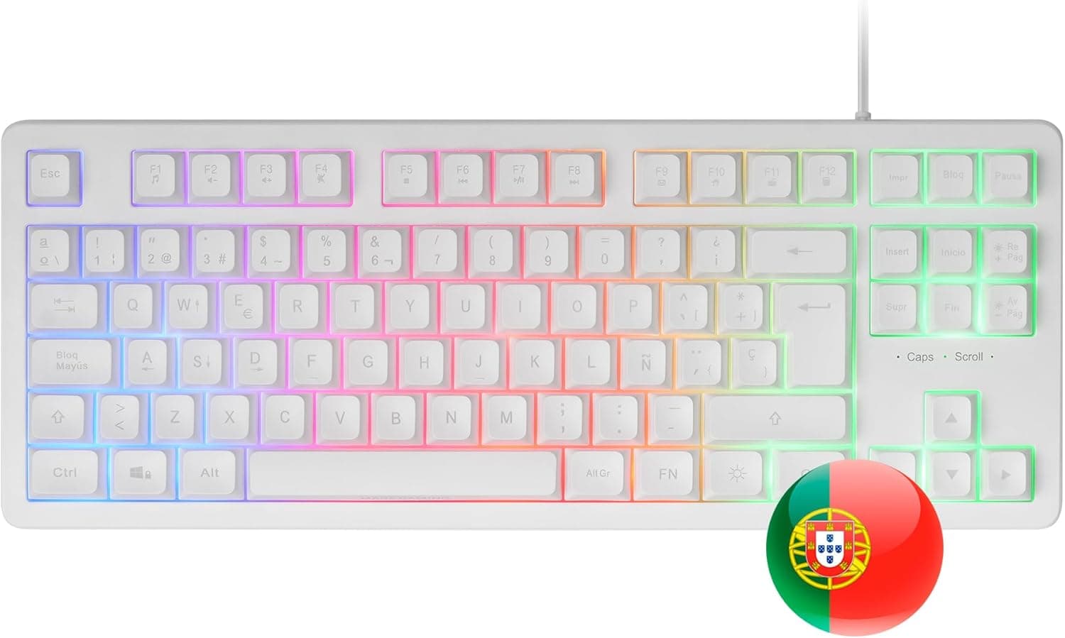 Mars Gaming MK023, teclado Gaming TKL, tecnologia híbrida H-Mech, iluminação FRGB Rainbow, anti-fantasmas, compatibilidade universal, branco, idioma português