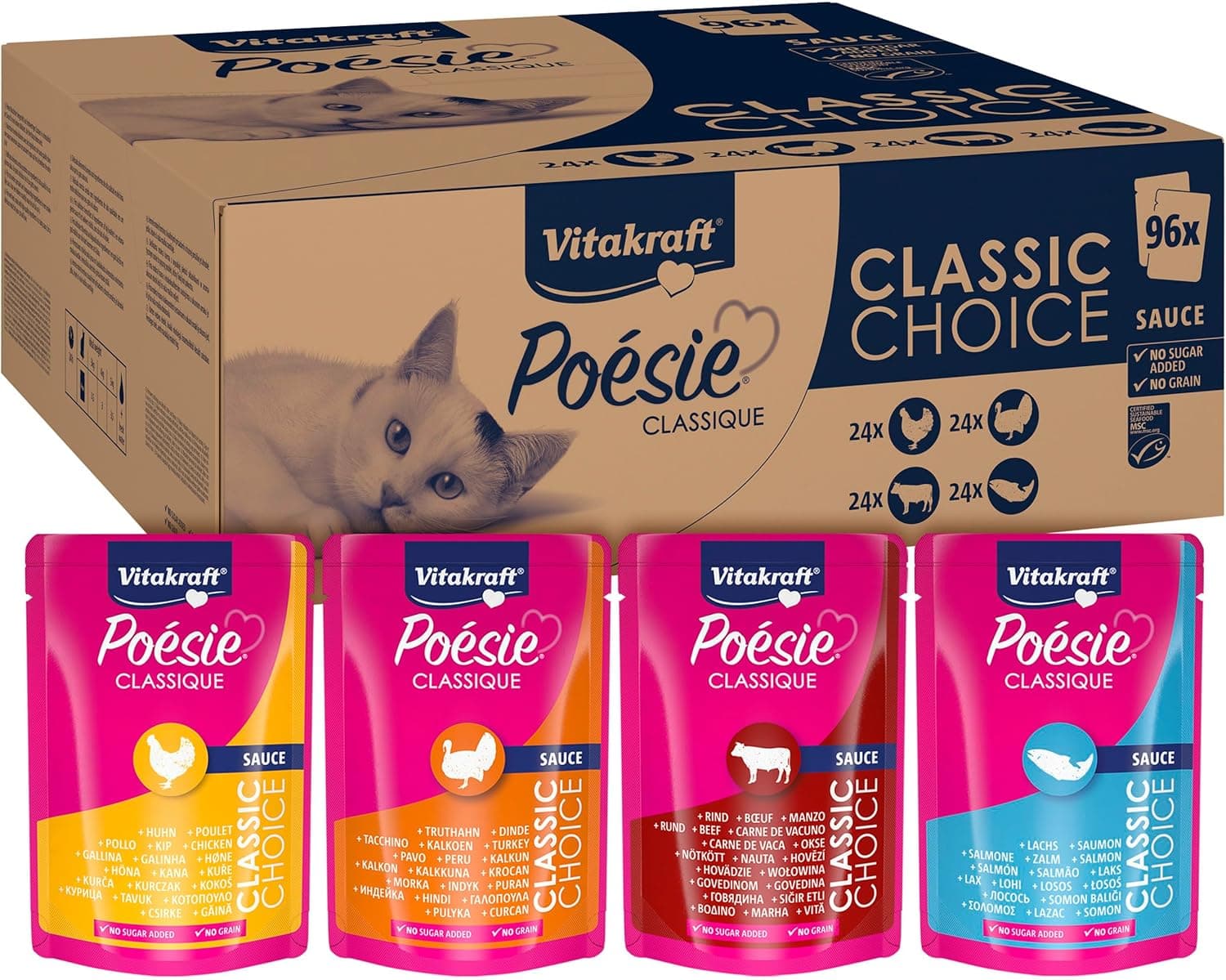 Vitakraft Poésie Classique, comida húmida para gatos, embalagem grande de 96 sacos, com frango, peru, com vaca, salmão com selo MSC, sem adição de açúcar e cereais (1 embalagem de 96 x 85 g)