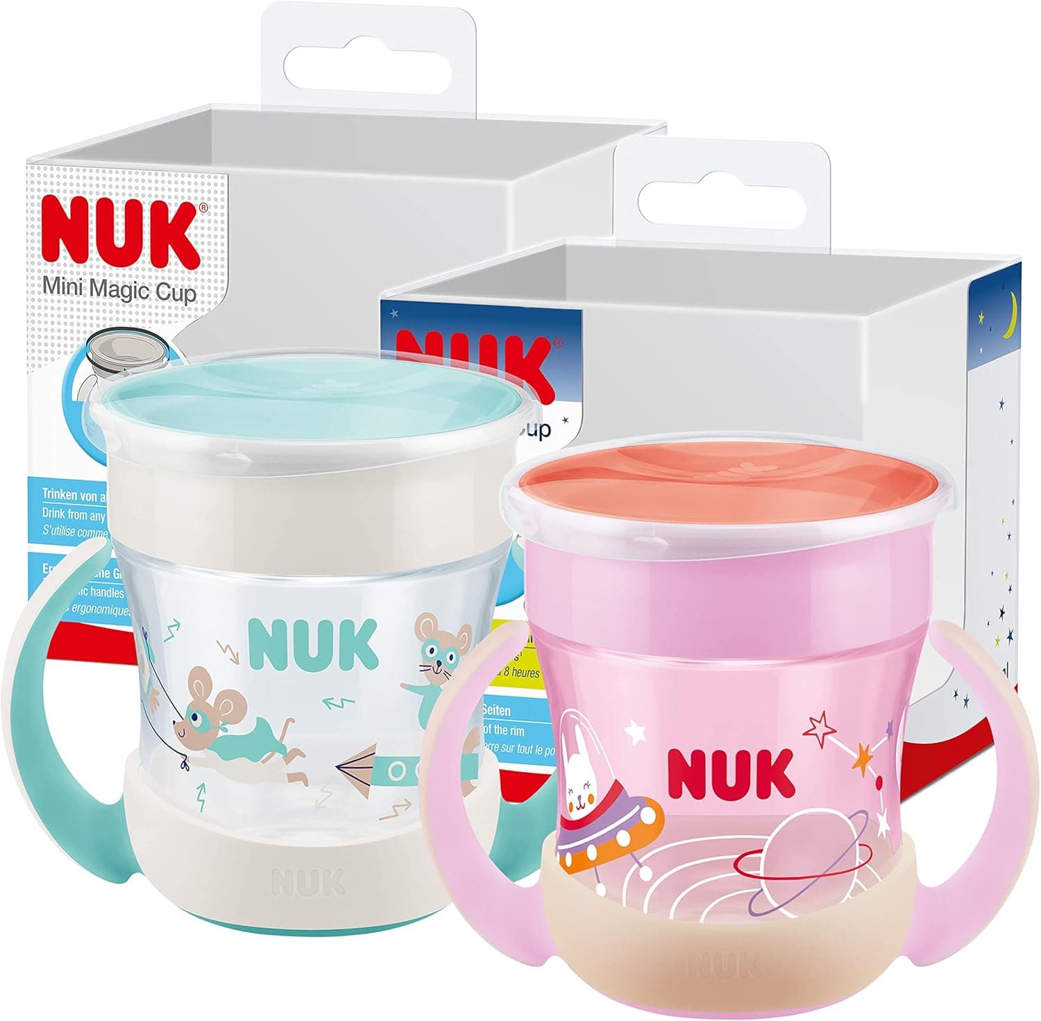 NUK Mini Magic Cup Night caneca para beber, + 6 meses | 160 ml, borda à prova de derramamentos de 360° para beber de qualquer lugar, Brilha no escuro, sem BPA, coelho (rosa) | 2 unidades