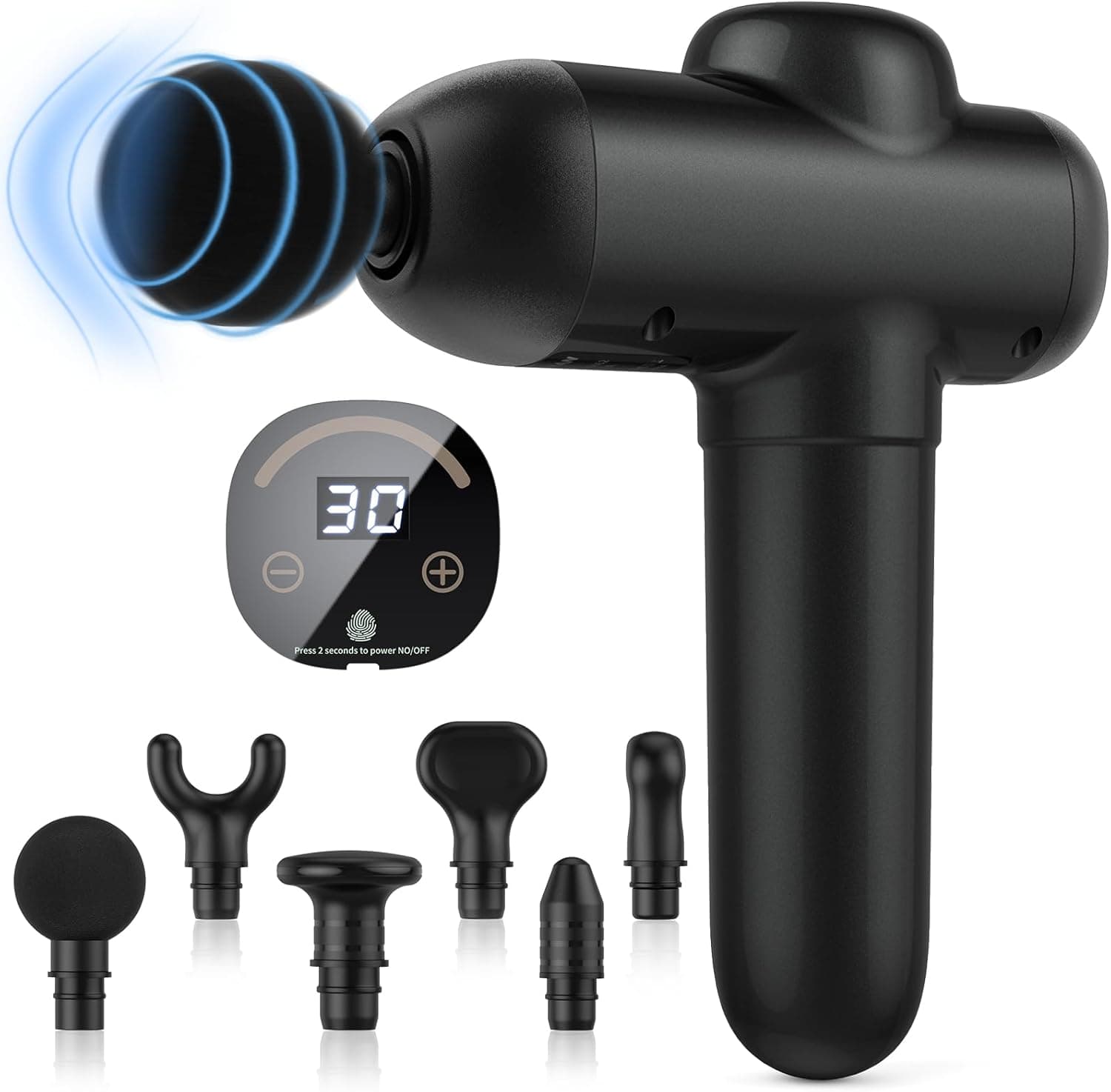Pistola de massagem muscular, 30 níveis de velocidade, 6 cabeças de massajador de percussão para aliviar a dor muscular, modelagem corporal com ecrã táctil LCD, preto profundo