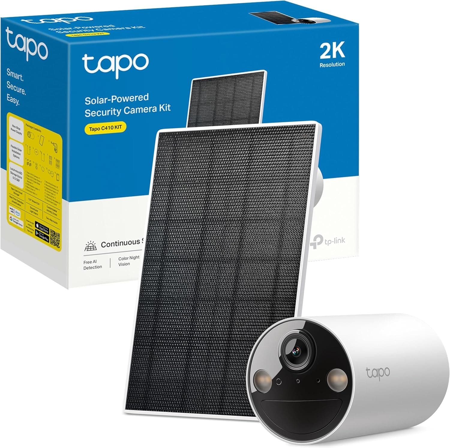 Tapo C410 Kit - Câmara de vigilância solar com bateria exterior, deteção de pessoas por IA, 2K 3 MP, visão noturna colorida, memória microSD, bateria não removível de 6400 mAh, áudio bidirecional